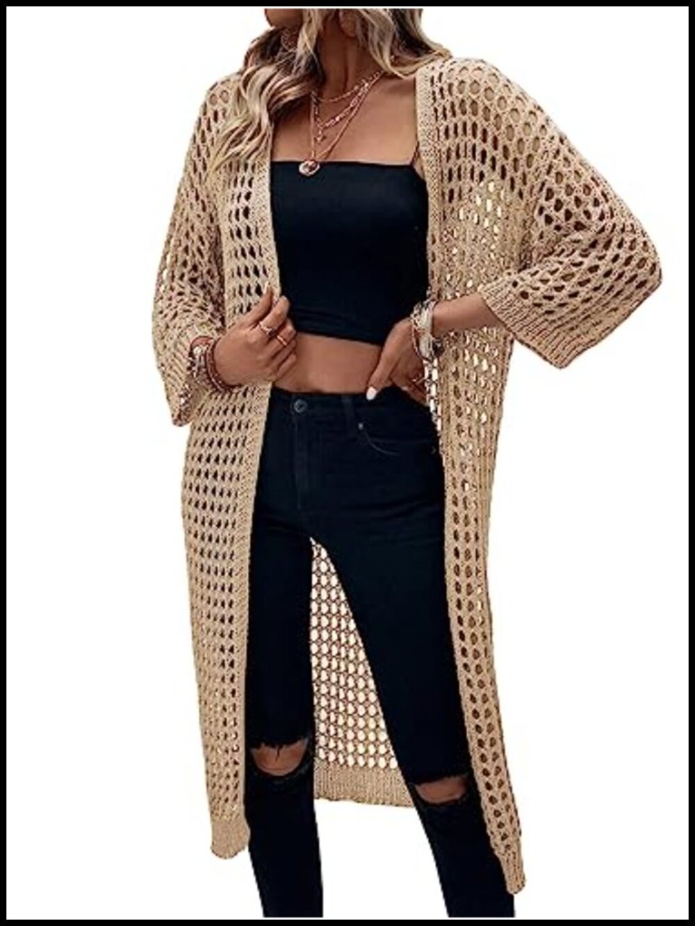 3/4 Sleeve Lightweight Crochet Knit Open Front Cardigan Sheer Duster